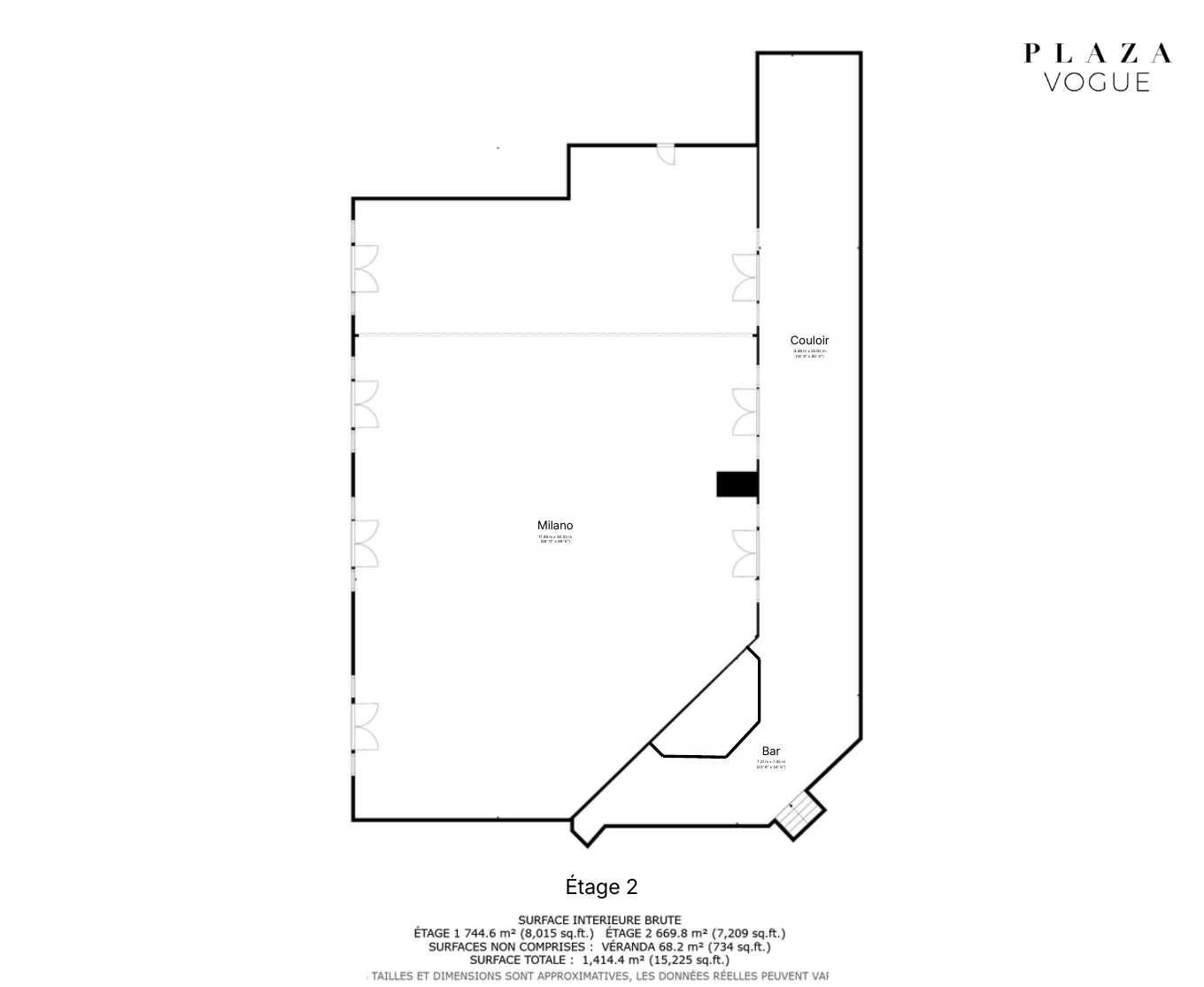 Plan de l'étage 2 du Plaza Vogue avec la salle Milano