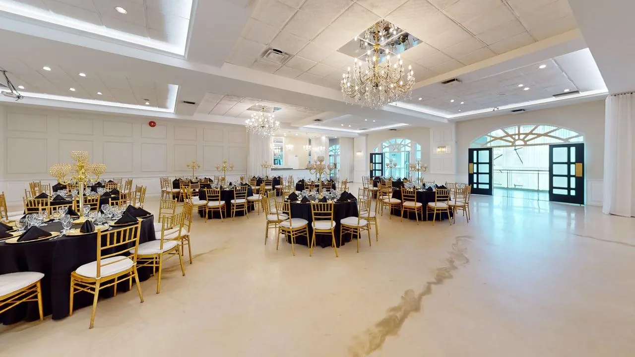 Banquet room prepared for a business event