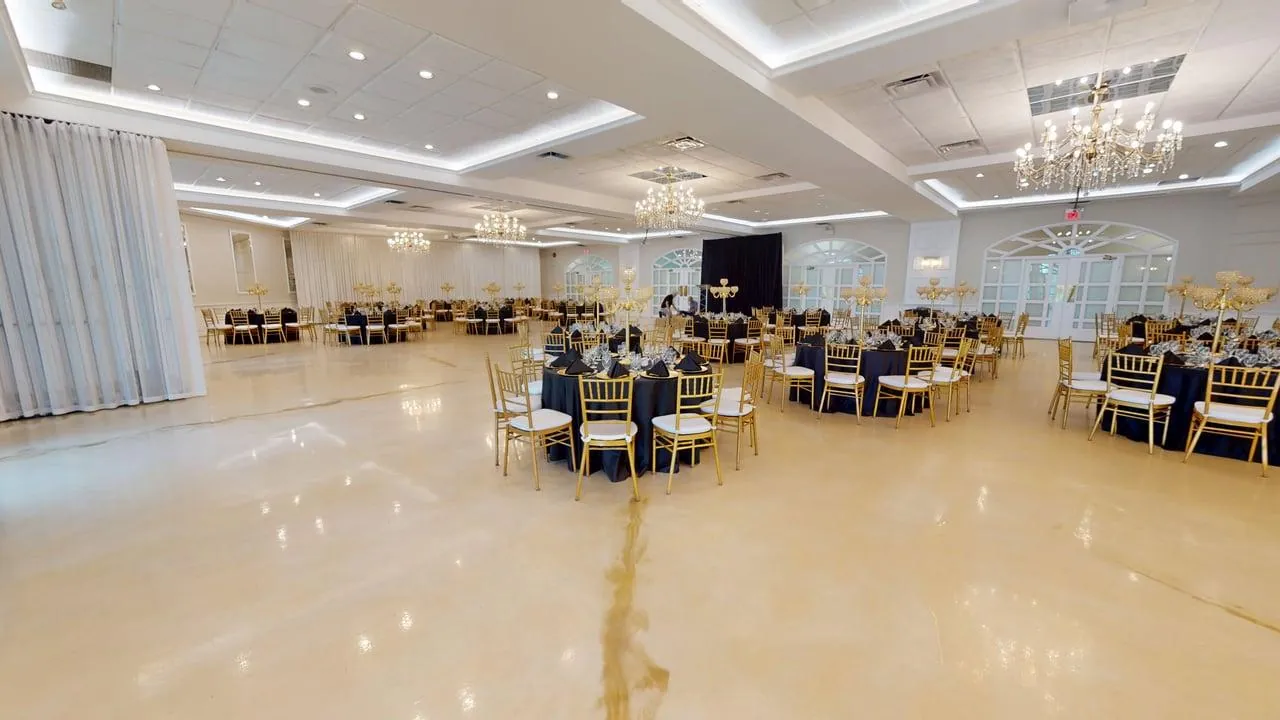 Bright room arranged for a corporate banquet